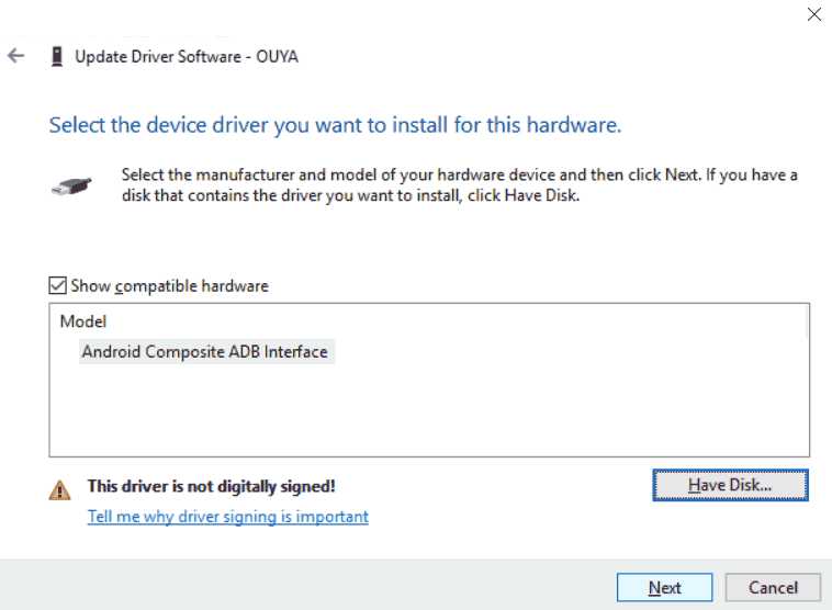 Windows 10 x64 - Select driver for Ouya Cyanogen ADB bridge.