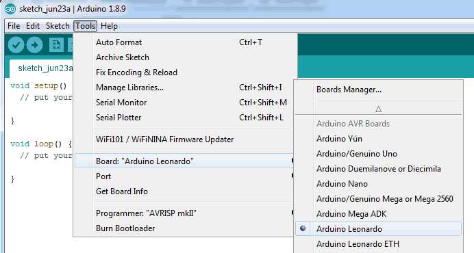 Arduino IDE Chip Selection.